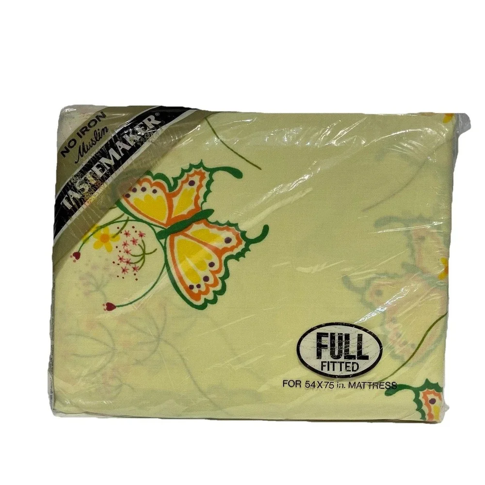 Tastemaker‎ Full Fitted Sheet Summer Fantasy Butterflies No Iron Muslin 70s NOS
